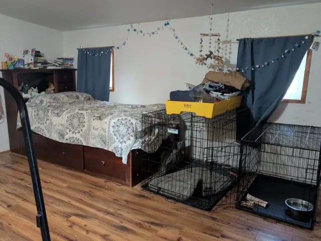 Bedroom with a bed and several wire dog crates.