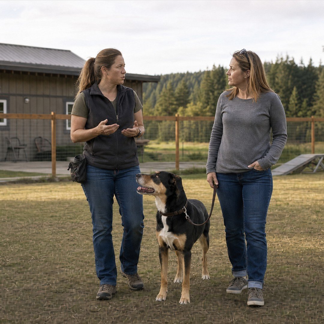 A trainer talks with a dog owner beside a calm dog on a loose leash in a fenced outdoor training yard.