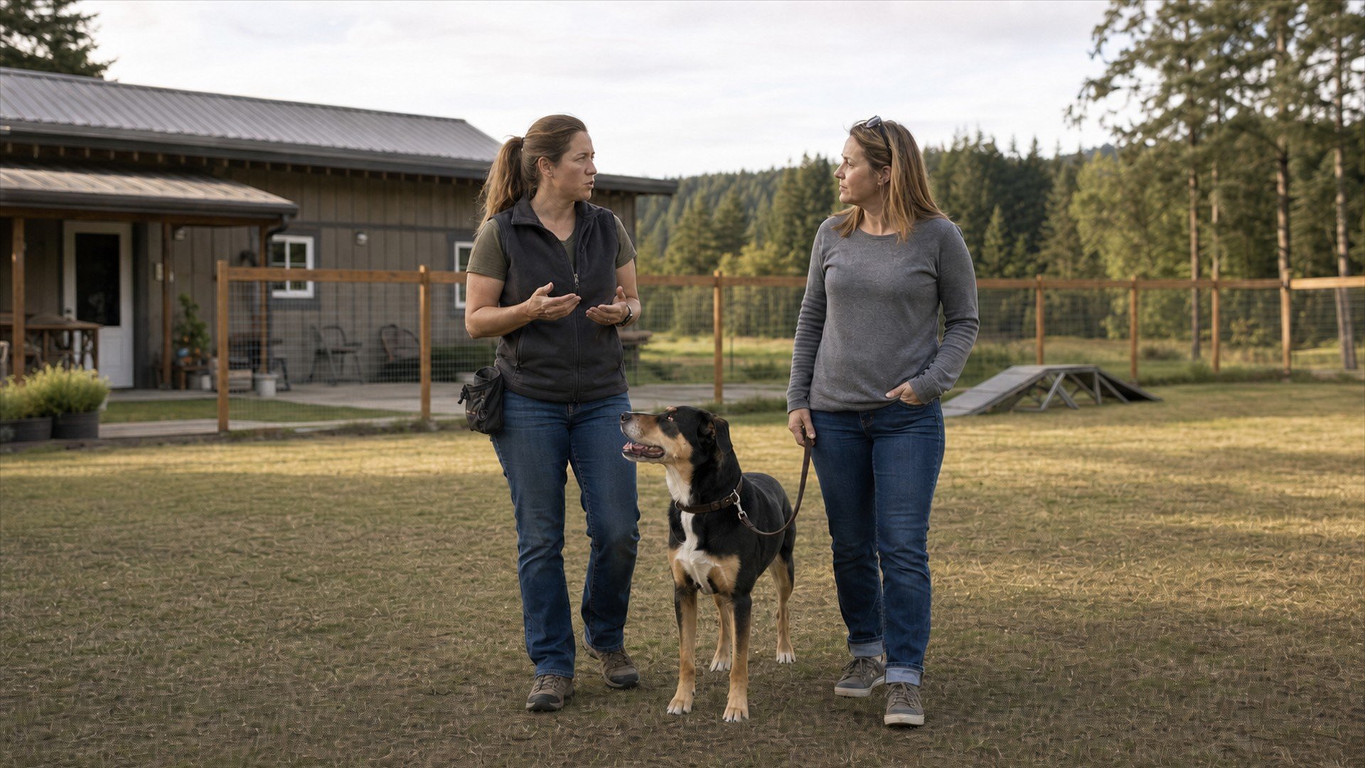 A trainer talks with a dog owner beside a calm dog on a loose leash in a fenced outdoor training yard.