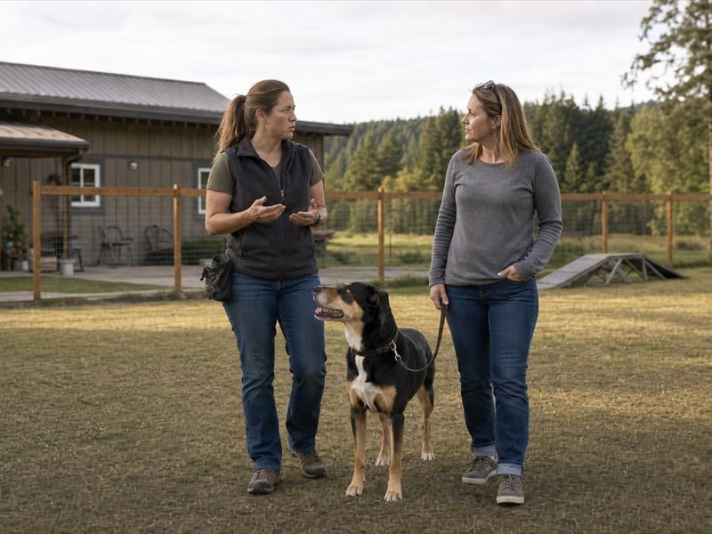 A trainer talks with a dog owner beside a calm dog on a loose leash in a fenced outdoor training yard.